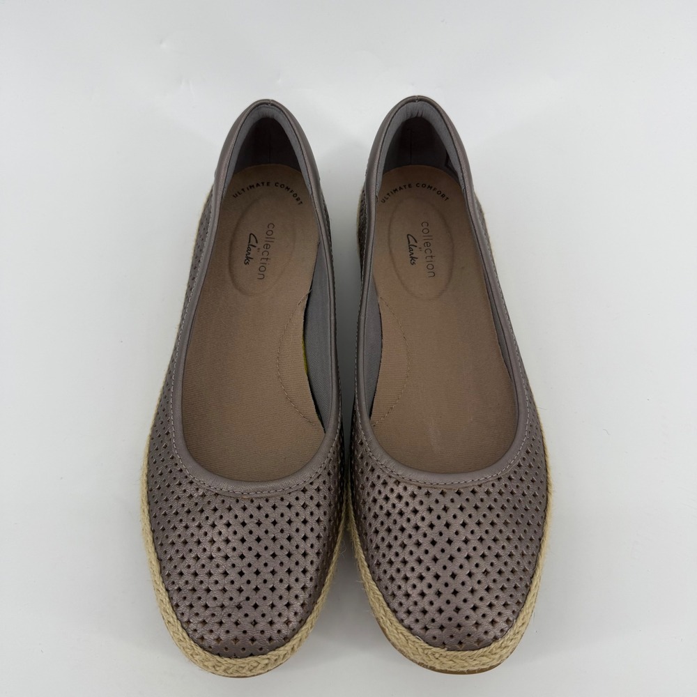 Clarks Danelly Adira Leather Espadrille Flats Women 8 Pewter Metallic Perforated